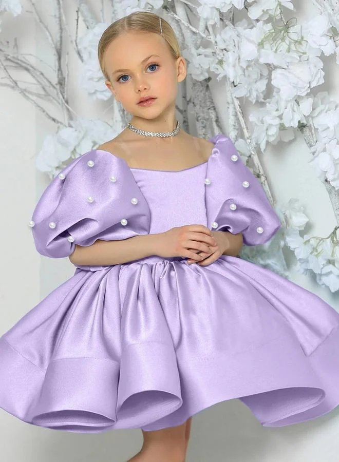 Take Two  Girls Purple Satin Puff Sleeve Faux Pearls Detail Dress for Women | Best Price UAE